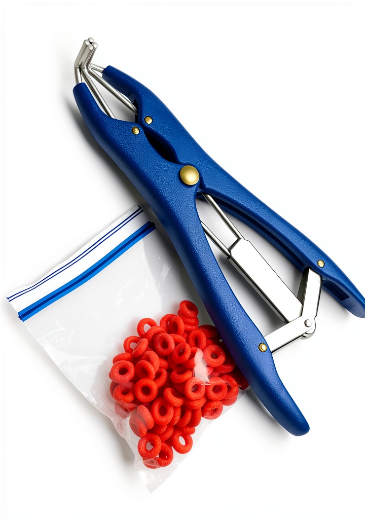 Installing SURGICAL ONLINE Goat Banding Kit Stainless Steel Plier on a wooden desk