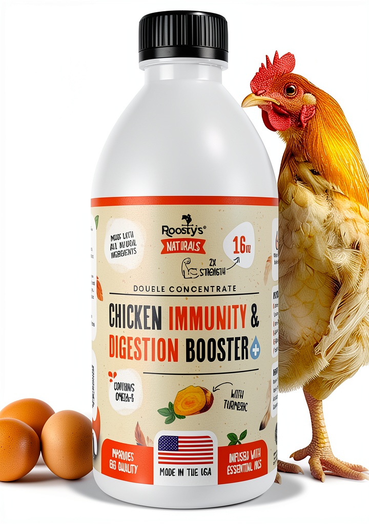 Roosty's Liquid Chicken Elixir bottle displayed on a farm background