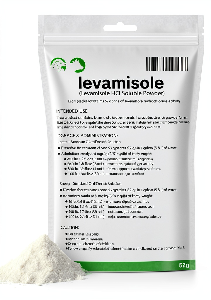 Levamisole Hydrochloride Drench Powder package with livestock in background